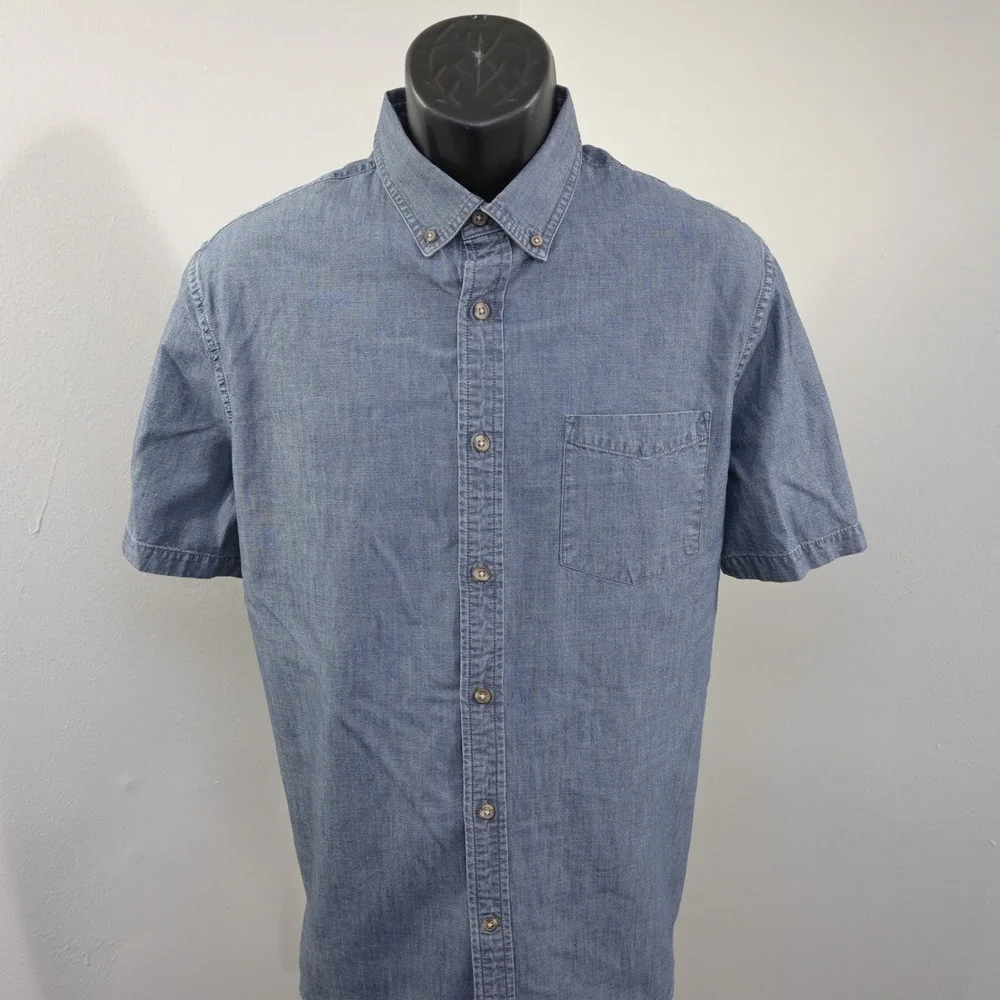 Banana Republic Button Up Men Large Slim Fit Blue Short Sleeve Pocket Cotton